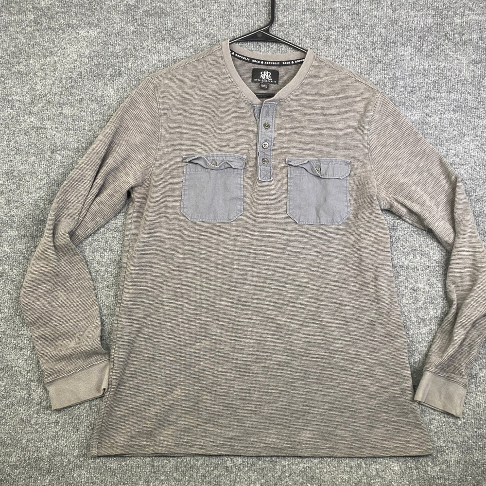 Rock & Republic Mens Gray Waffle Knit Henley Long Sleeve Shirt Medium Pockets